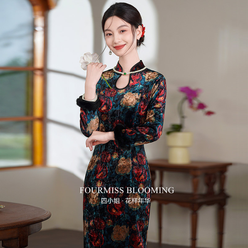 玫瑰丝绒加厚冬装长款女