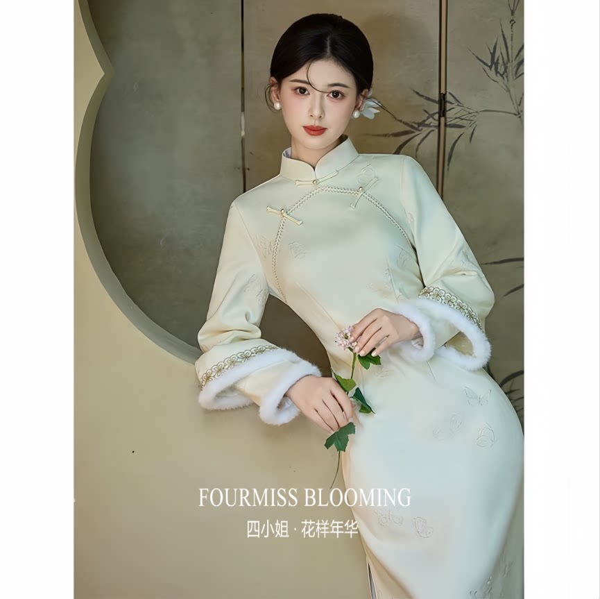 新中式麂皮绒长袖白色旗袍女2026