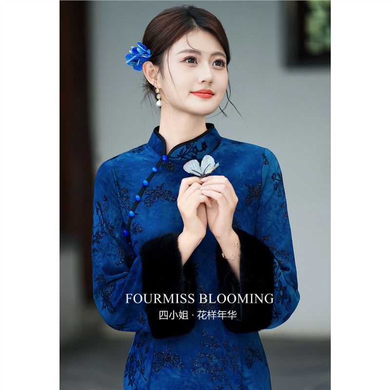 【花样年华】国风旗袍|新中式蓝色秋冬长袖小个子高端大气上档次