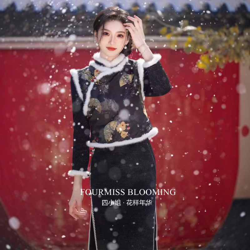 冬季新中式加绒马甲套装