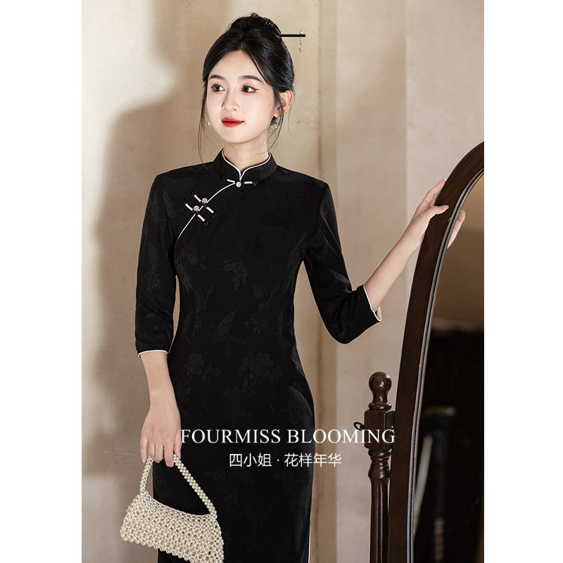 【花样年华】国风旗袍|黑色女新中式小个子连衣裙长袖复古气质