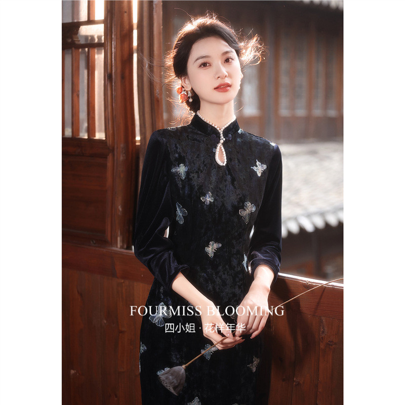 【花样年华】国风旗袍|黑色丝绒秋冬女新中式长袖连衣裙复古气质