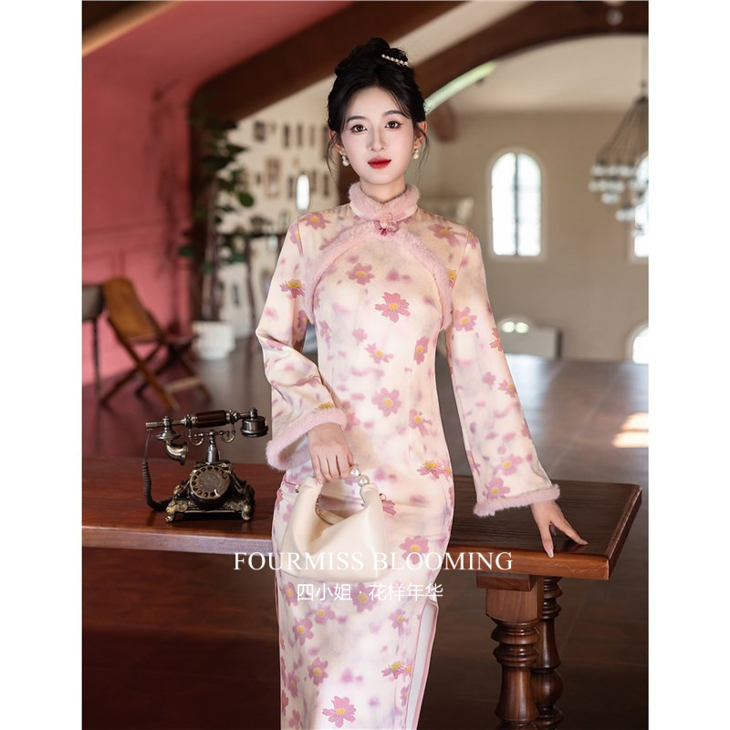 【花样年华】国风旗袍|粉色长袖女新中式改良少女连衣裙冬季加绒