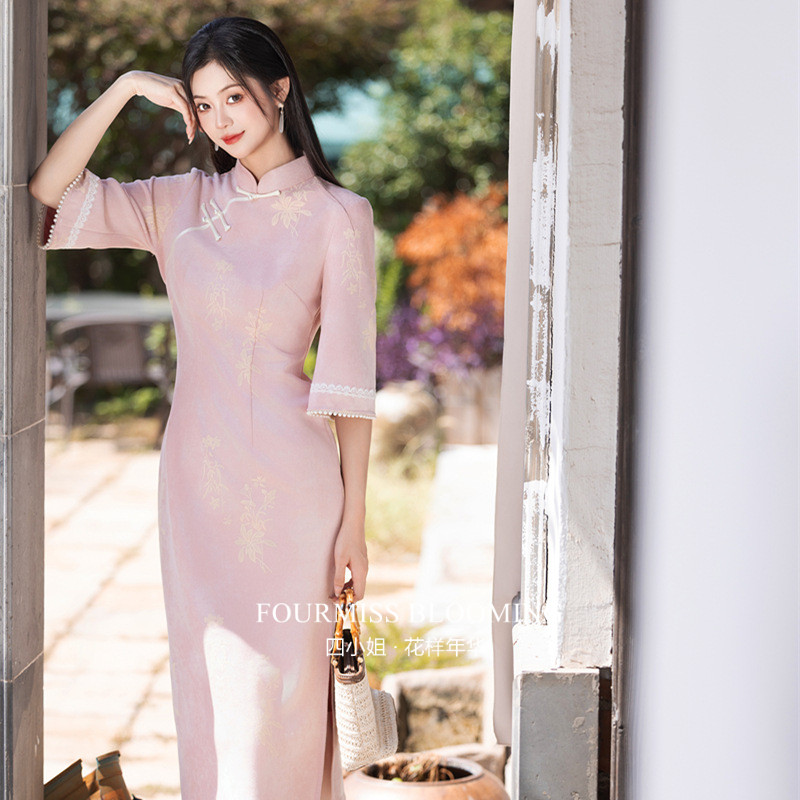 【花样年华】国风旗袍|粉色女秋季中袖日常少女改良连衣裙中长款
