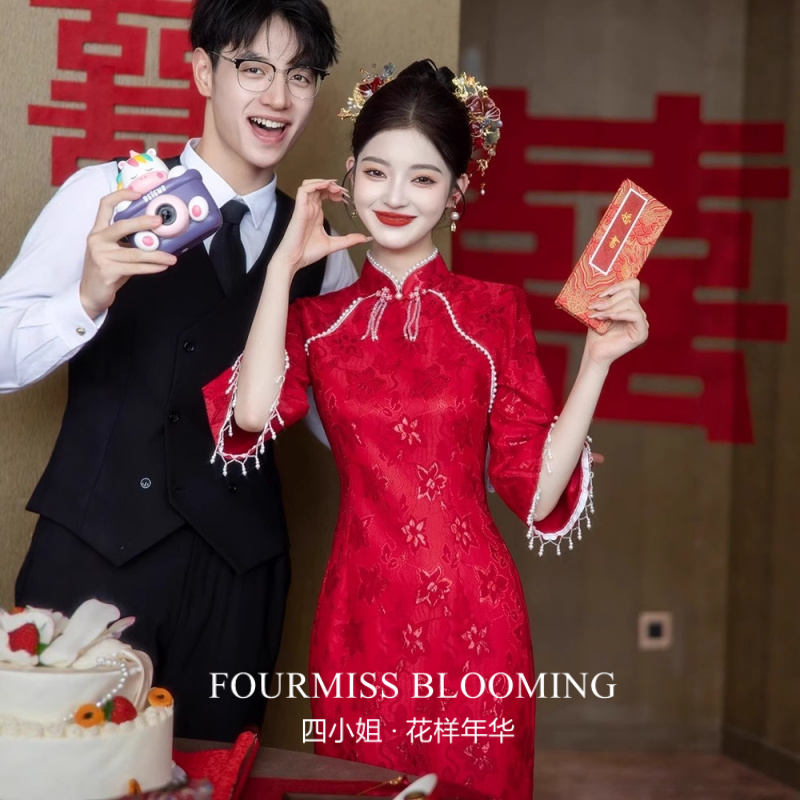 【花样年华】国风旗袍|酒红色订结婚敬酒服新娘秋季蕾丝礼服流苏