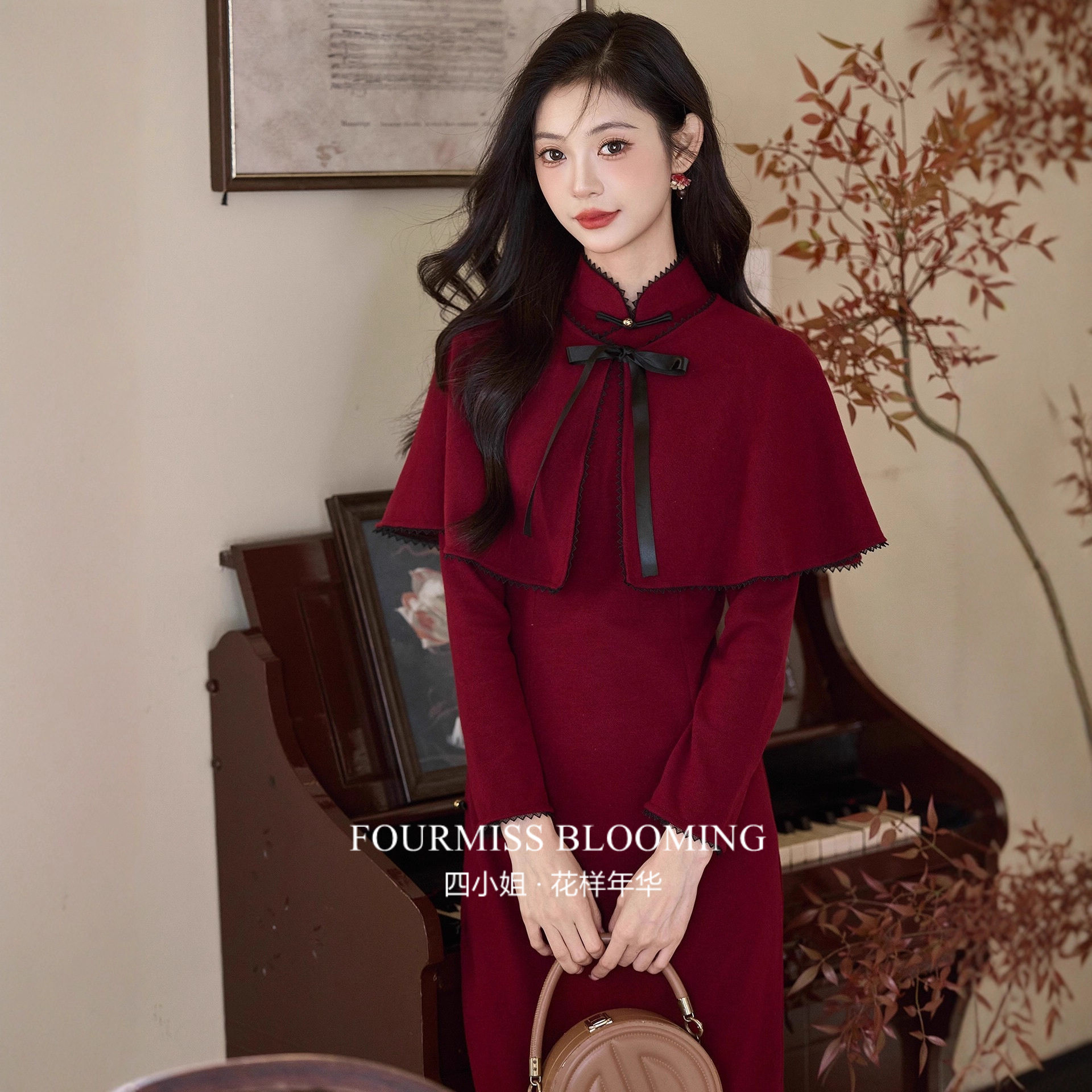 【花样年华】国风旗袍|酒红色仿羊绒斗篷披肩秋冬新中式改良年轻