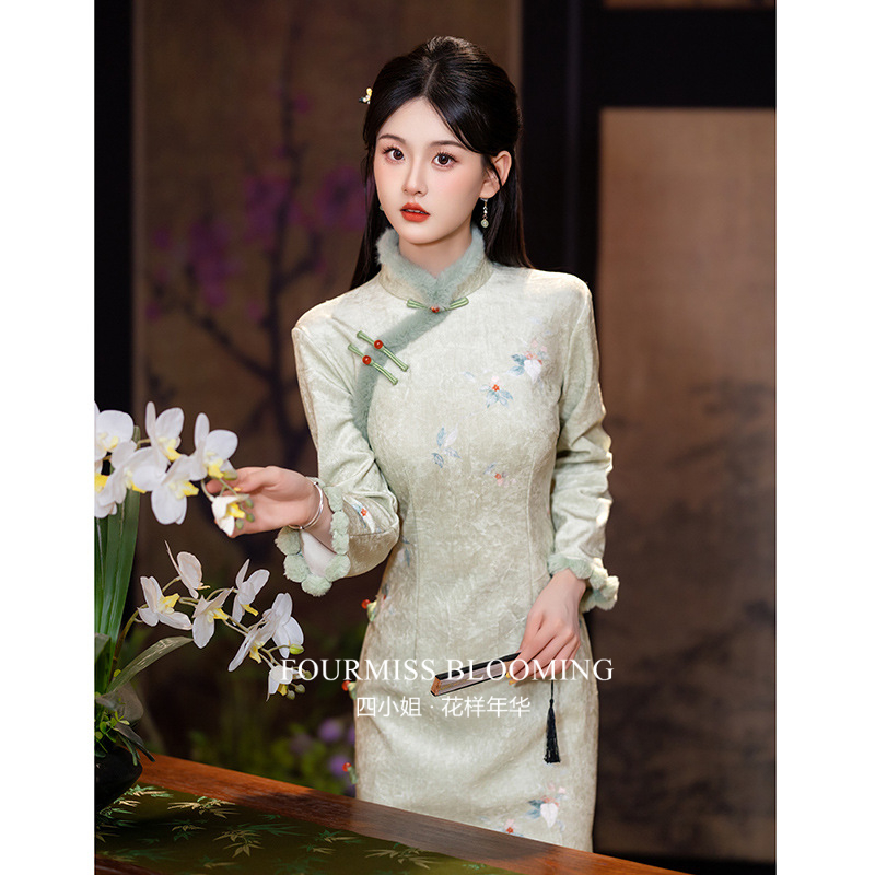 冬季加绒加厚新中式连衣裙