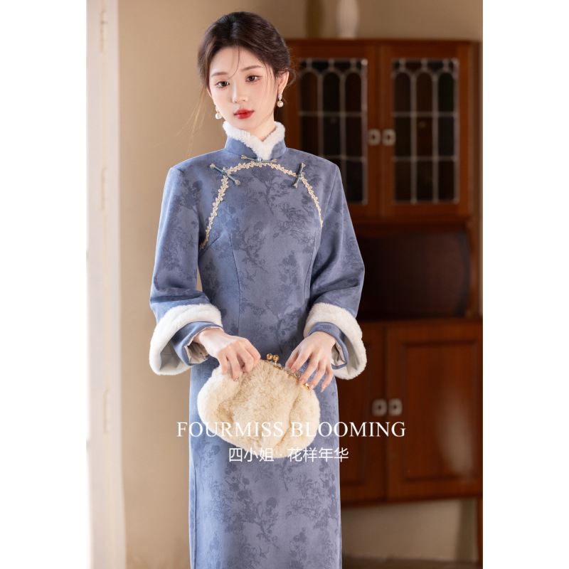 冬季加绒蓝色新中式女款