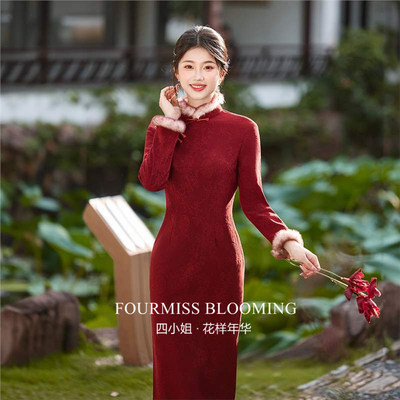 女新中式2025冬装红中长款