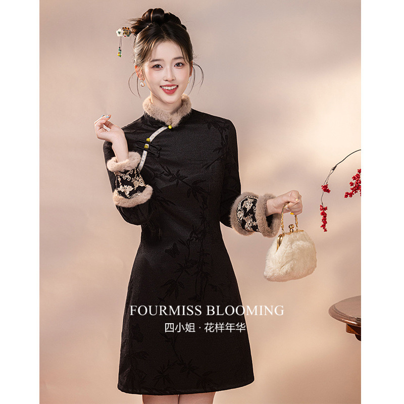 【花样年华】国风旗袍|冬女新中式加绒加厚小个子长袖黑色连衣裙