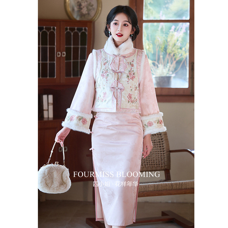 【花样年华】国风旗袍|新中式连衣裙粉中复古加厚长袖保暖礼服女