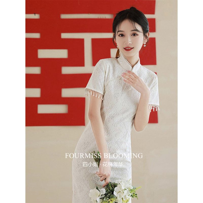 【花样年华】国风旗袍|白色少女改良蕾丝订婚礼服领证登记连衣裙