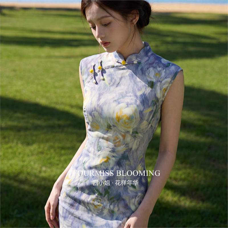 紫色网纱印花少女连衣裙