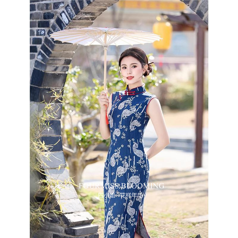 花样年华国风旗袍民蓝长裙
