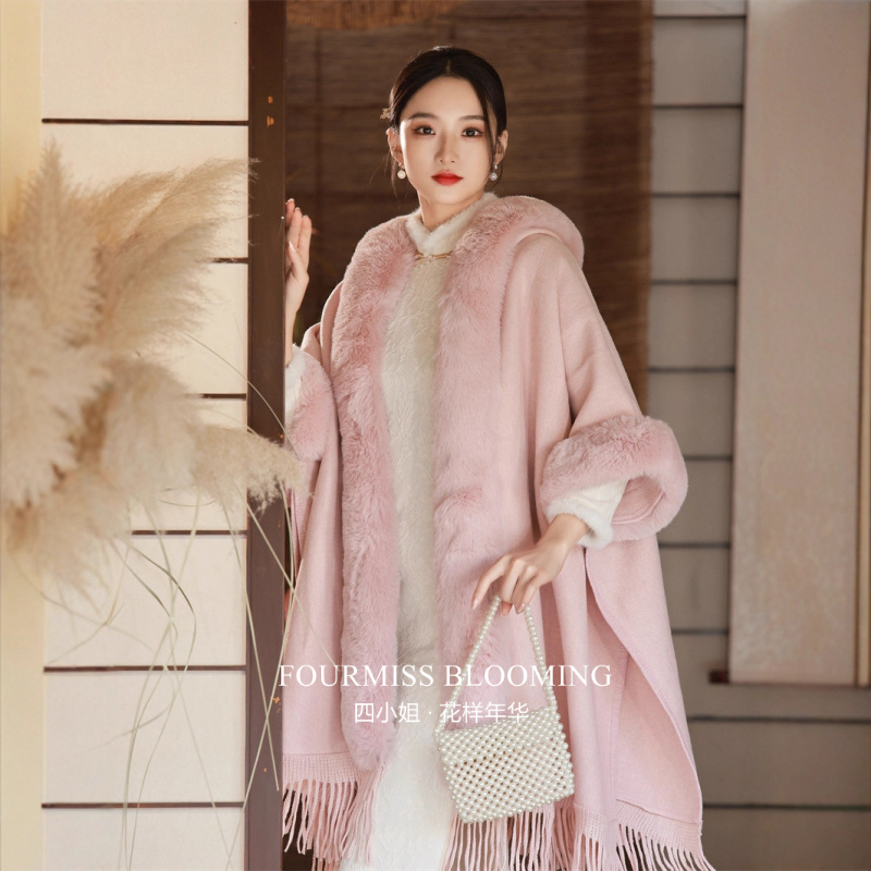 冬季加绒加厚毛领外披斗篷