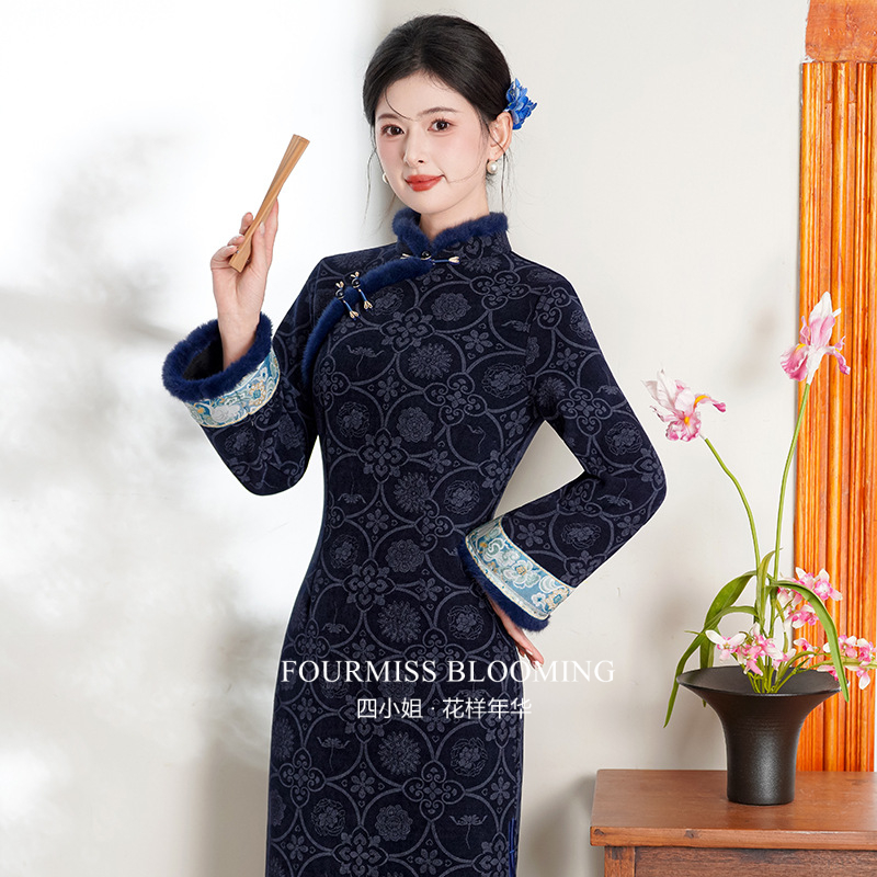 新中式雪尼尔长款立领外套