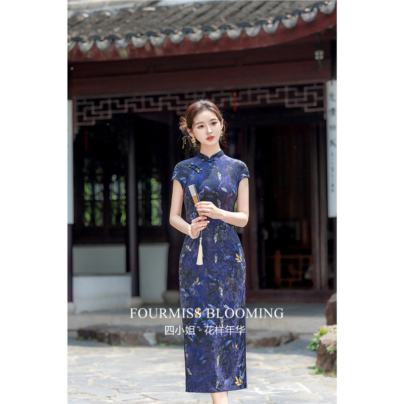 老上海改良女夏丝绒碎花连衣裙