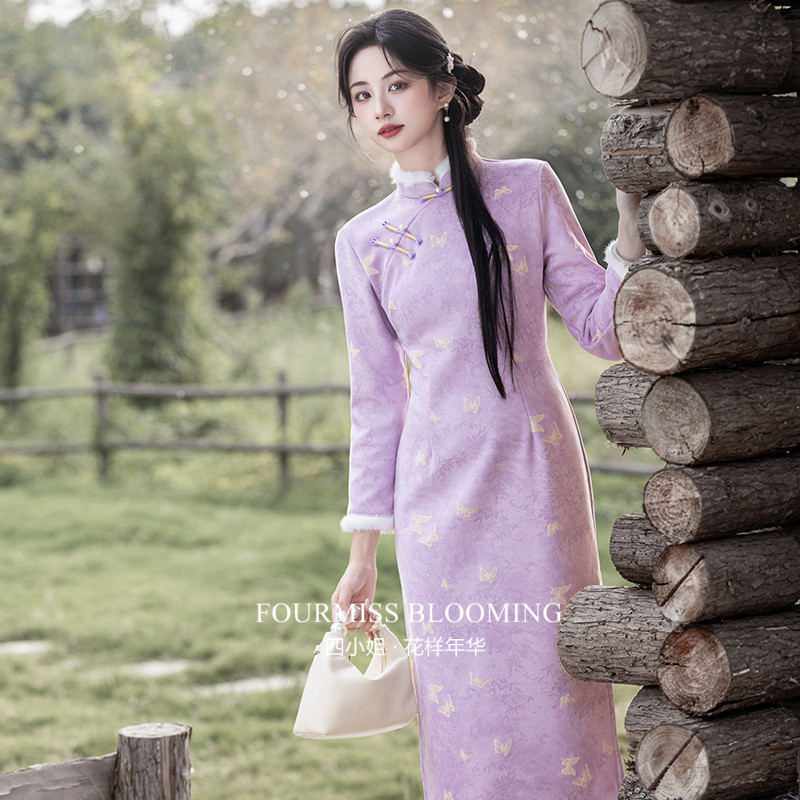 紫色优雅显瘦长款2025秋冬