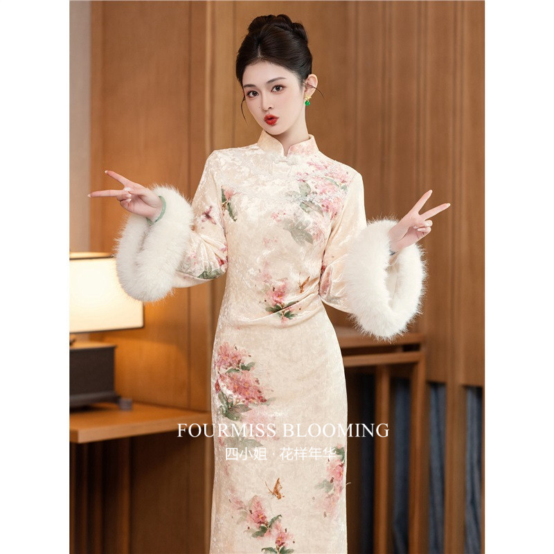 【花样年华】国风旗袍|新中式长袖高端印花丝绒冬加绒女装连衣裙