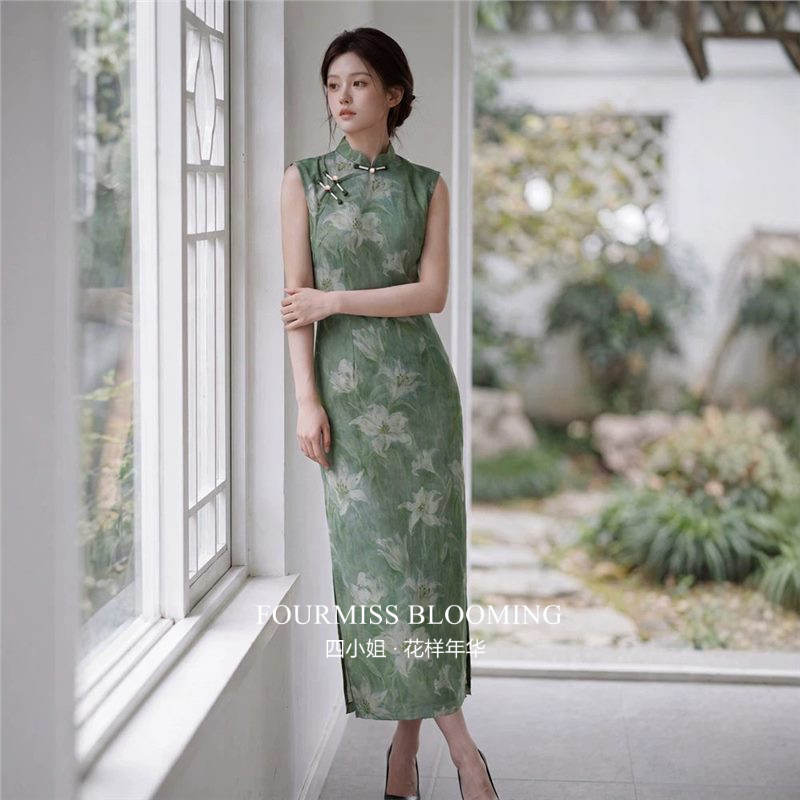 绿色网纱印花夏款少女连衣裙