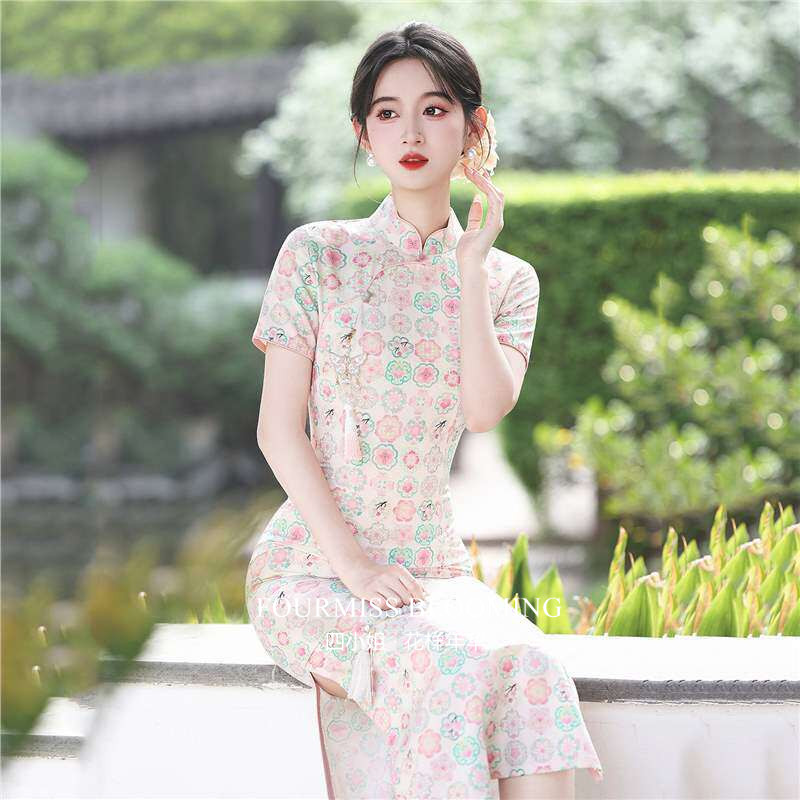 【花样年华】国风旗袍|烟水寒显白粉色绝美竹节麻夏季收腰女短袖