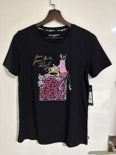 女 圆领休闲短袖 老佛爷KARL LAGERFELD黑色香水瓶女孩镶钻卡通半袖