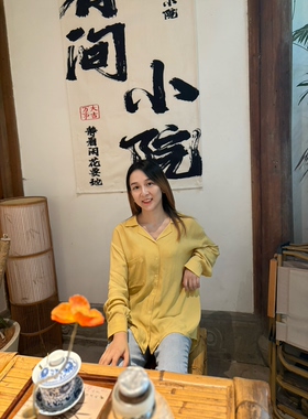 2026春装新款欧美老钱风宽松真丝绸缎丝绸黄色纯色休闲复古衬衫女