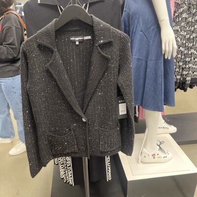 老佛爷KARL LAGERFELD小香风黑色亮闪宽松针织开衫西装版外套春女