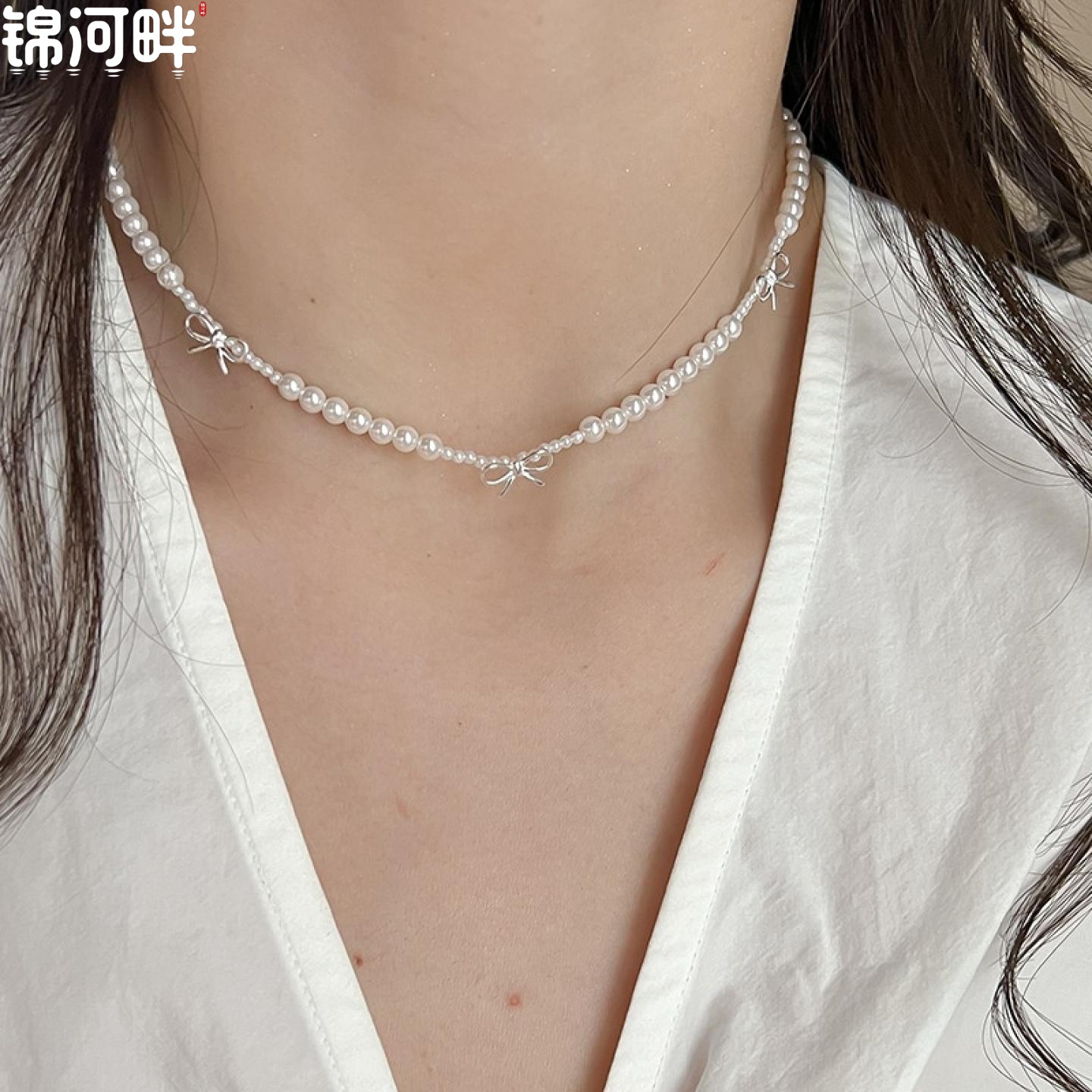 锦河畔 925纯银施家珍珠蝴蝶结项链女简约甜美公主风财阀千金