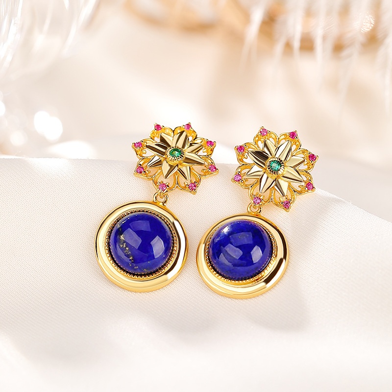 锦河畔 s925纯银镀金复古青金石菊花圆形耳坠时尚文艺优雅精致