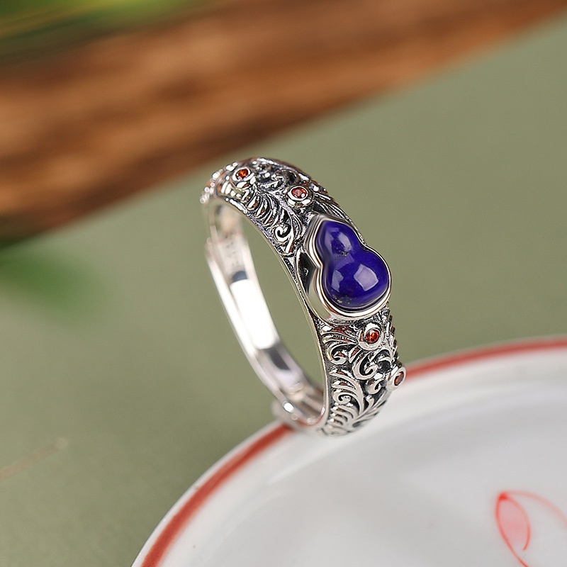 锦河畔 s925纯银青金石复古泰银做旧葫芦花纹戒指吉祥百搭活口