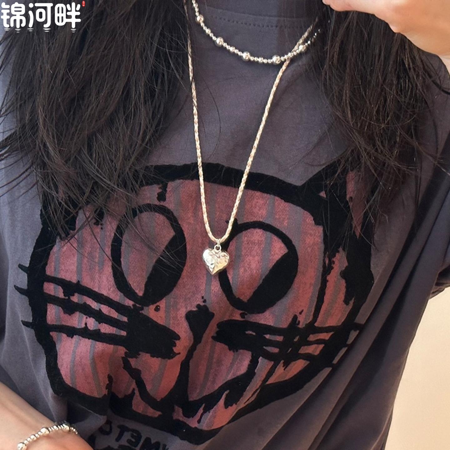 锦河畔 925纯银抽拉式彩绳爱心项链韩国简约长短自由调节毛衣链