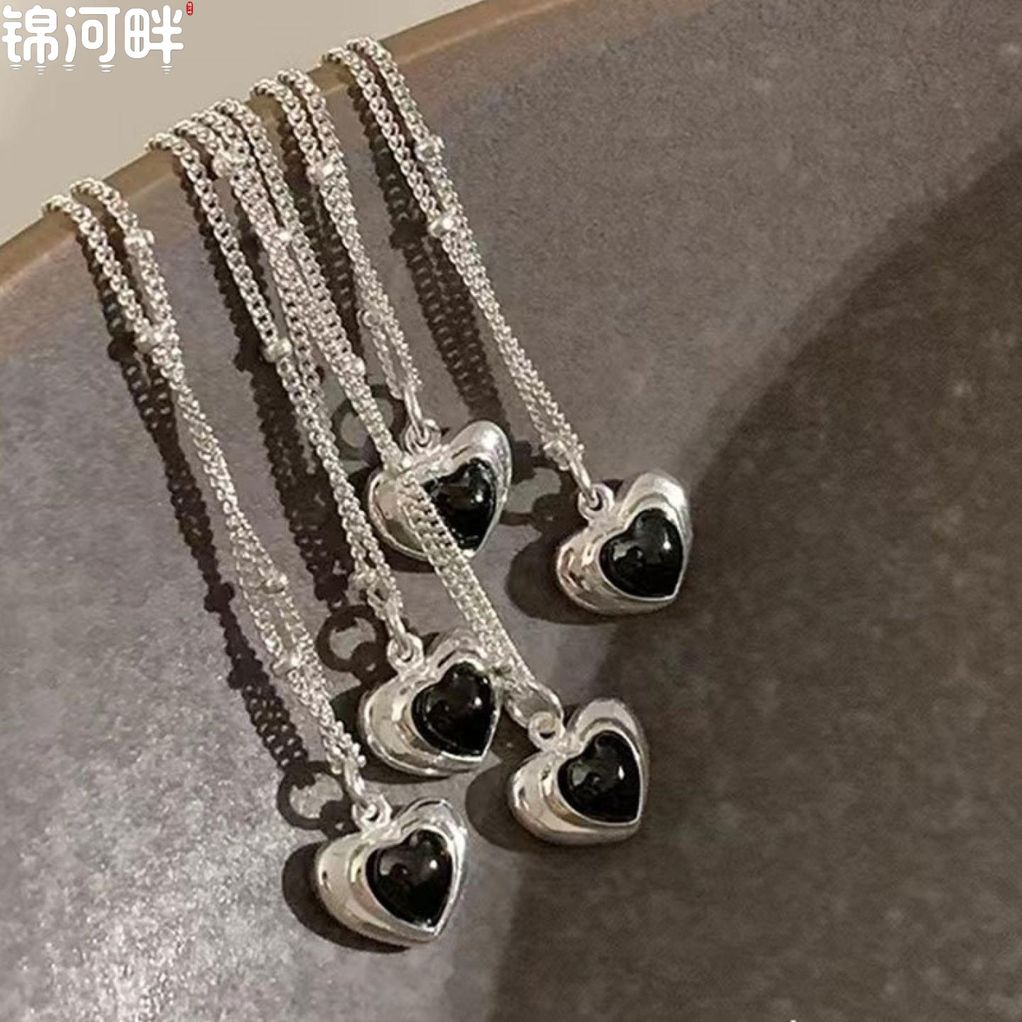 锦河畔 925纯银爱心黑玛瑙项链可爱甜美心气质锁骨链2023年新品
