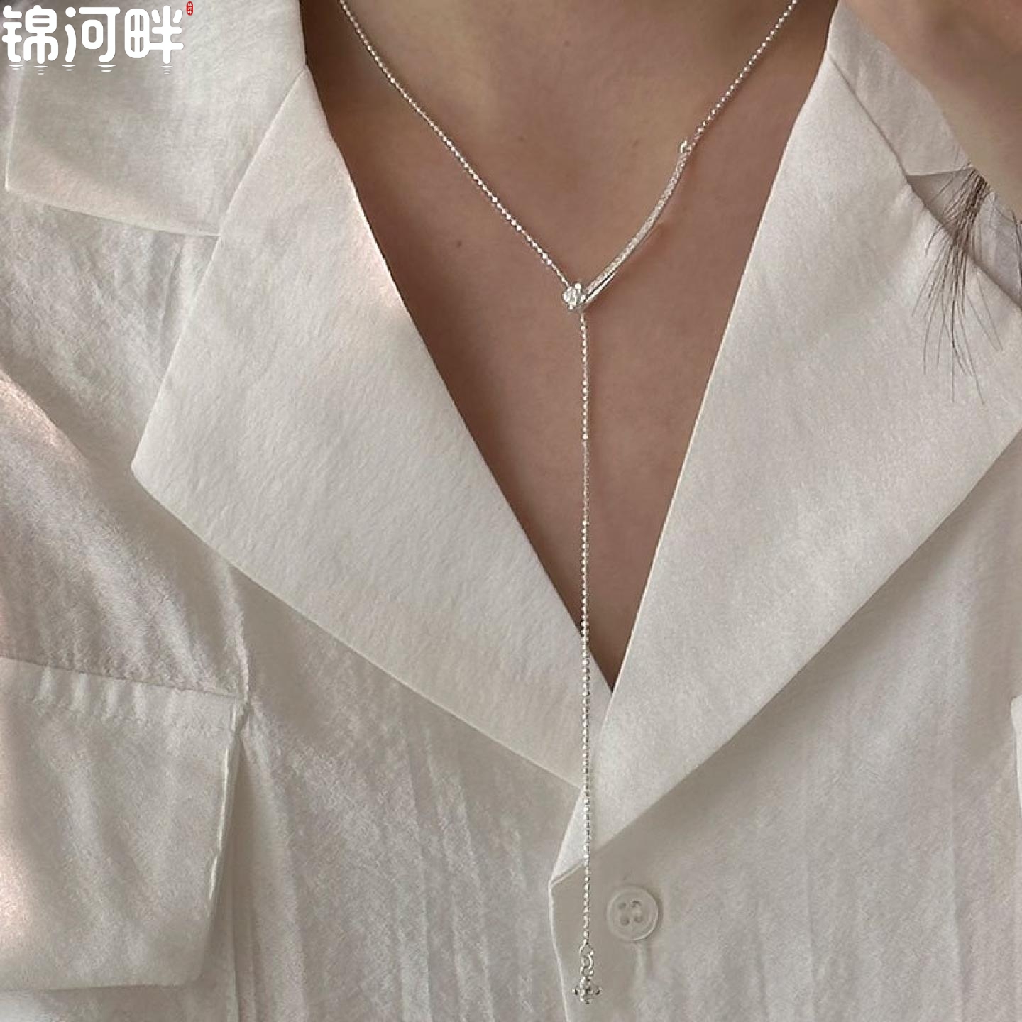 锦河畔 s925纯银微笑玫瑰花项链女简约小清新甜美小花流苏锁骨链