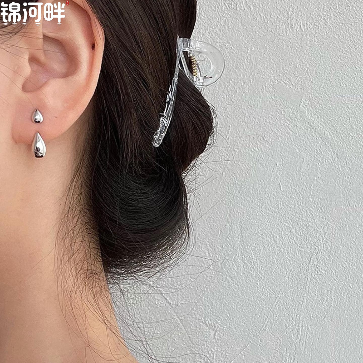 锦河畔 925纯银水滴后挂式耳钉简约小巧光面一款两戴耳钉百搭