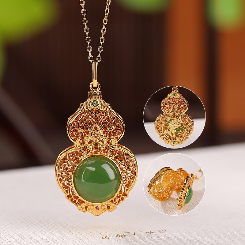 锦河畔 s925纯银镀金和田玉碧玉中式复古福禄葫芦如意镂空吊坠挂