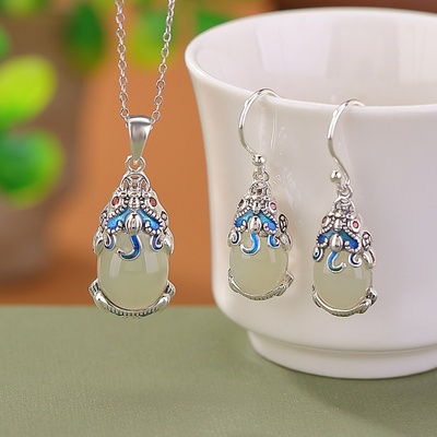 锦河畔 s925纯银和田玉晴水玉国潮珐琅钱币貔貅蛋面吊坠耳坠