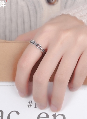 锦河畔 韩版S925纯银戒指N链猪鼻子做旧个性开口指环女创意