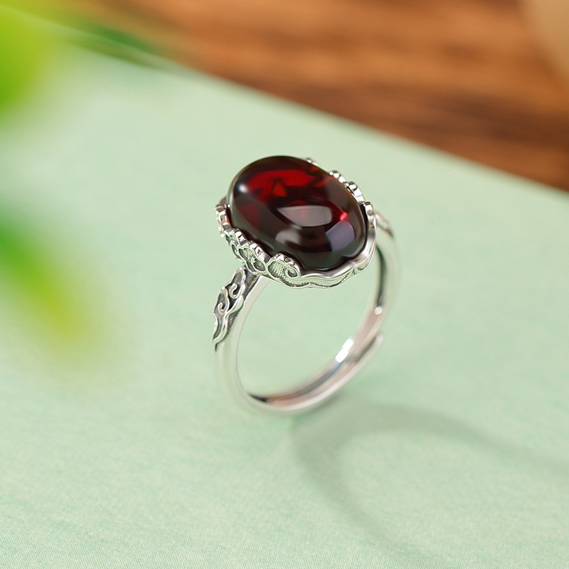 锦河畔 s925纯银血珀复古做旧国潮祥云蛋面戒指民族风吉祥纹银