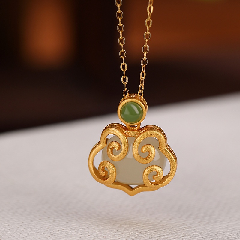 锦河畔 s925纯银镀金和田玉碧玉圆珠平安如意吊坠复古个性百搭挂