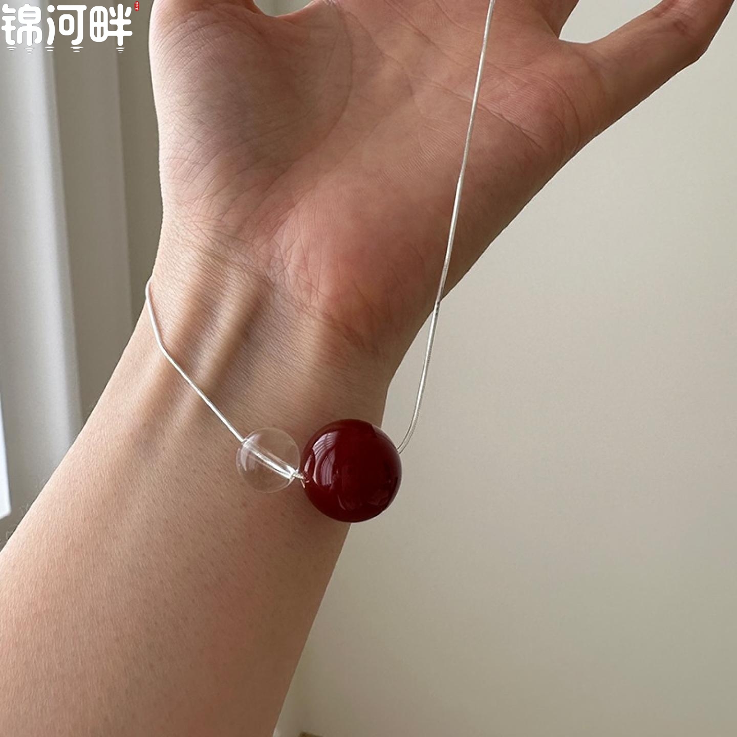 锦河畔 925纯银红玛瑙白水晶项链女简约优雅甜美气质秋冬新品
