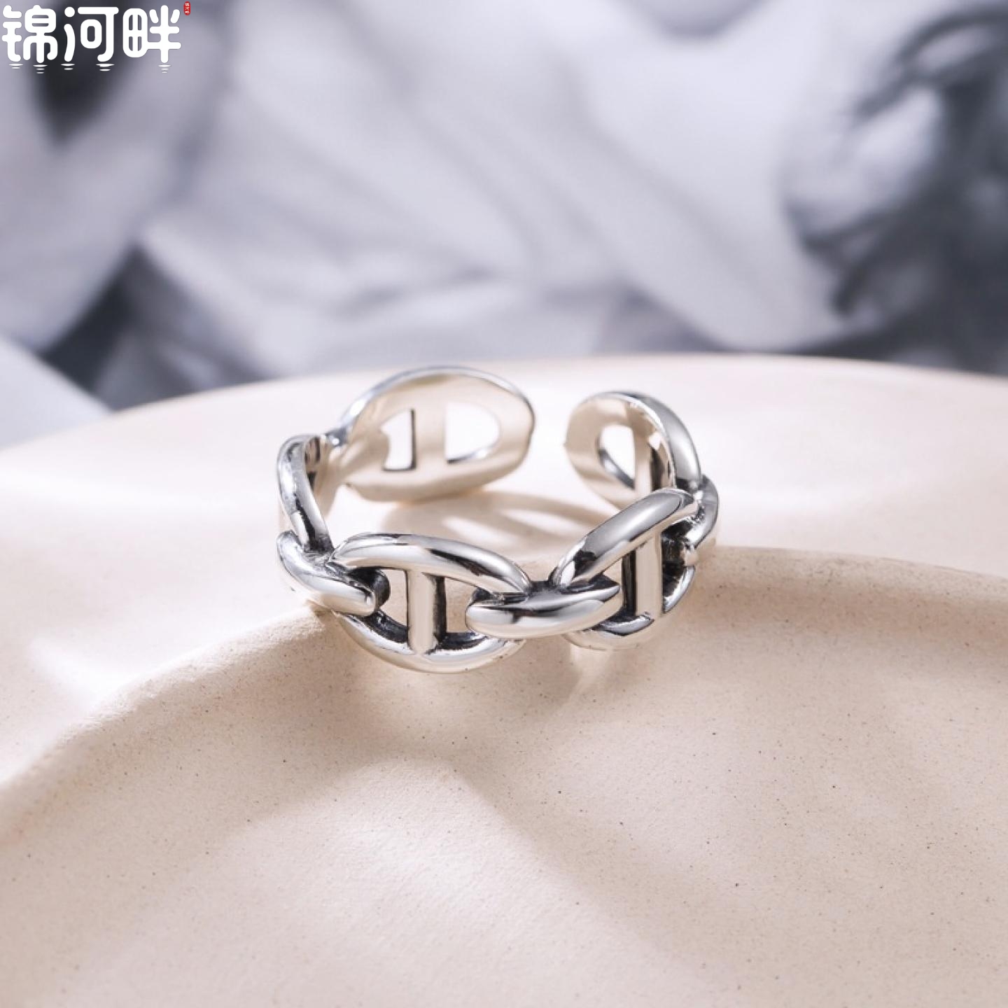 锦河畔 s925通体纯银戒指 猪鼻子单戒 复古做旧泰银指环首饰女