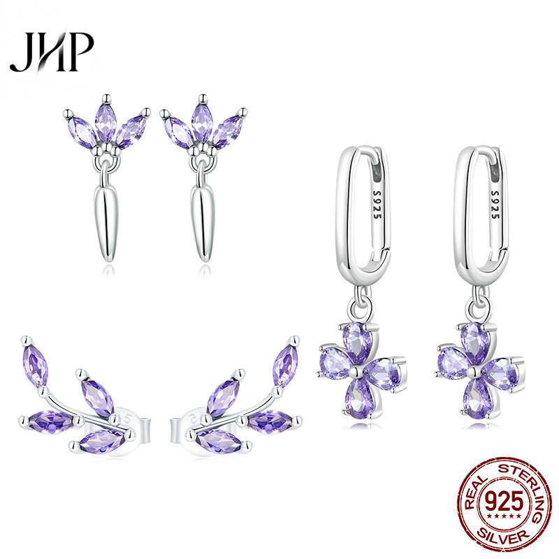 锦河畔原创设计紫色树叶耳钉耳饰 日系轻奢叶子十字架耳环