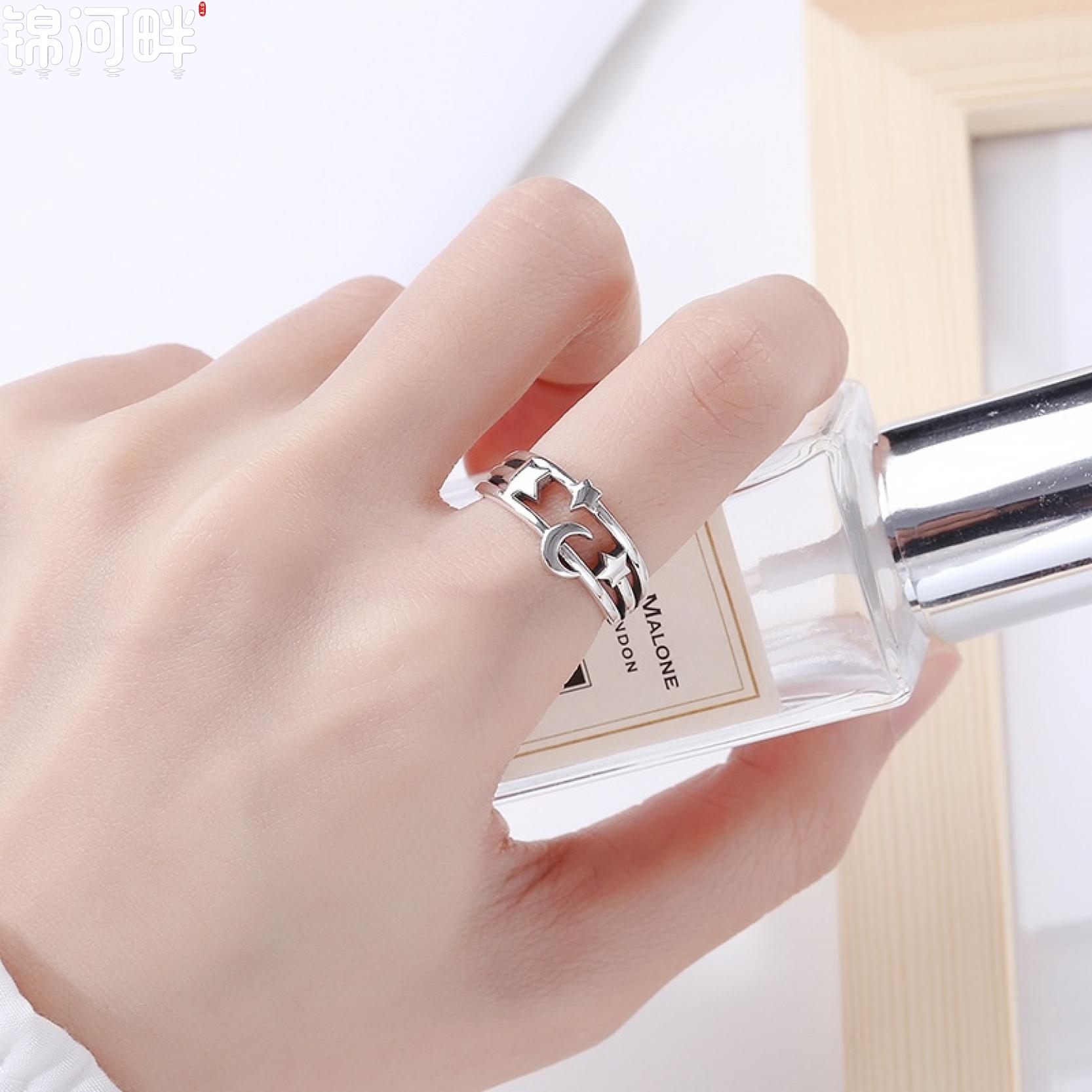 锦河畔星星月亮日韩复古925纯银戒指小香风繁星ins潮开口戒女友