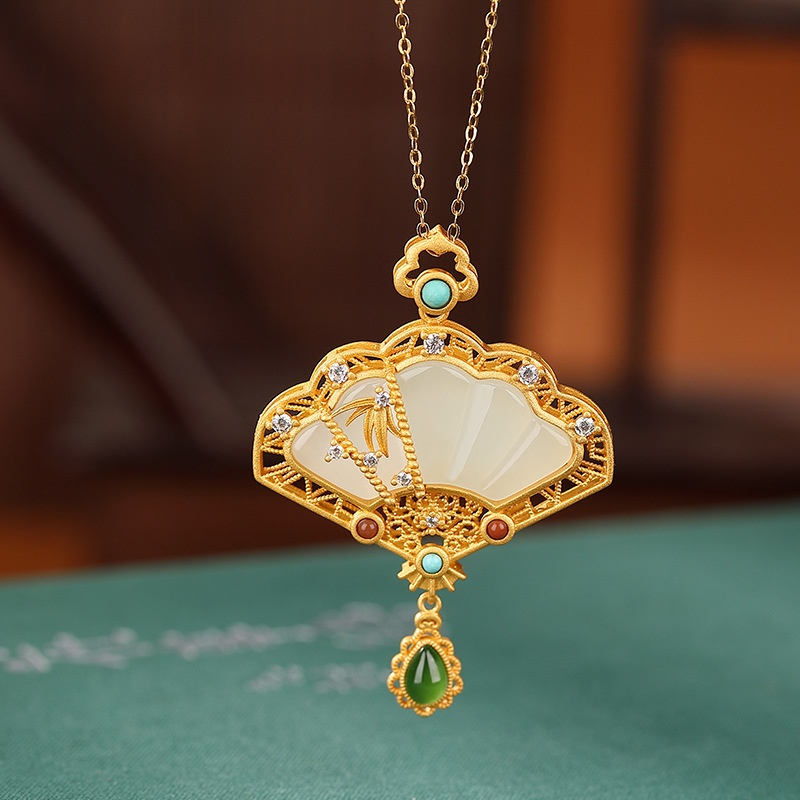 锦河畔 s925纯银镀金和田玉碧玉国潮景泰蓝古风扇形竹叶款吊坠挂