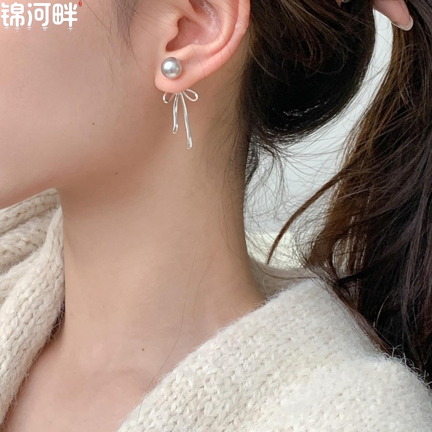 锦河畔 925纯银后挂式蝴蝶结珍珠耳钉女简约甜美气质一款两戴