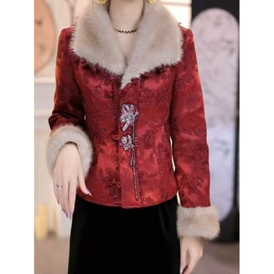 新中式宋锦提花缎毛领棉衣外套