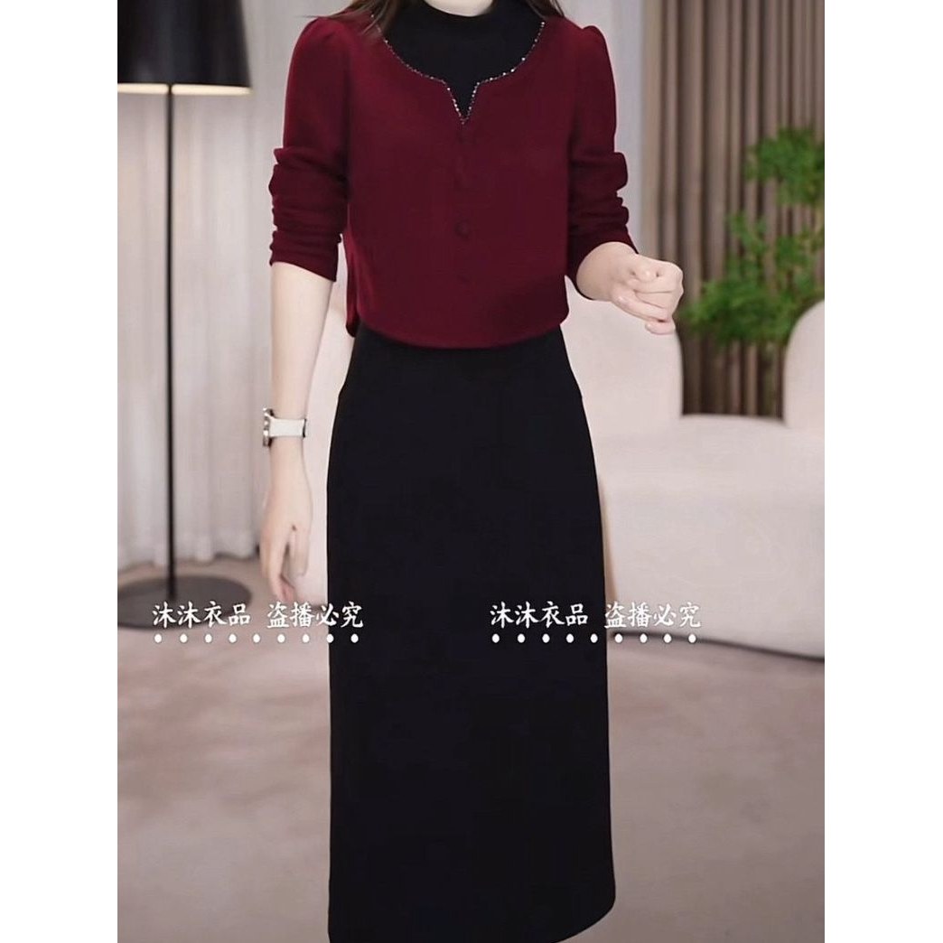 加厚减龄欧棉绒假两件套装连衣裙2025秋冬新款女修身显瘦洋气裙子