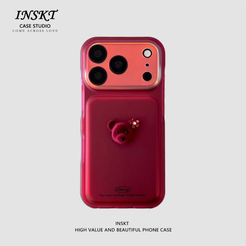 inskt简约渐变酒红立体小熊原创适用iphone18promax手机壳苹果17软硅胶套17pro网红新款小众16防摔15个性日韩