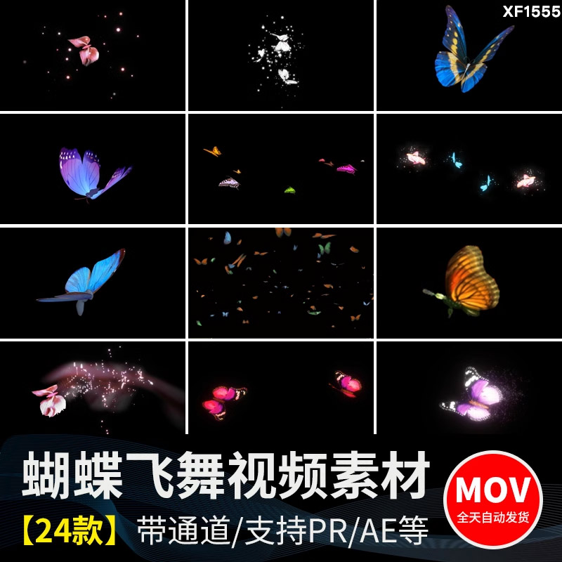 蝴蝶飞舞拖尾效果粒子后期特效合成动态pr/ae通道透明底视频素材